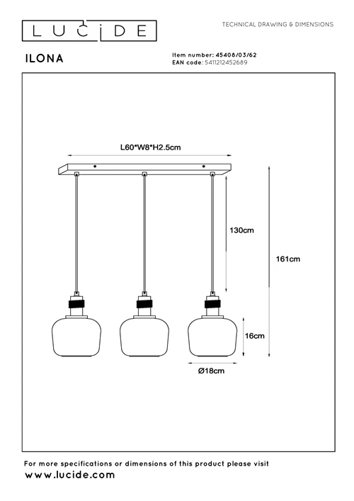 Lucide ILONA - Lámpara colgante - 3xE27 - Ámbar - técnico